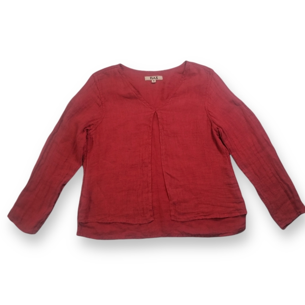 FLAX Pleated Front Long Sleeve 100% Linen Top Size Medium